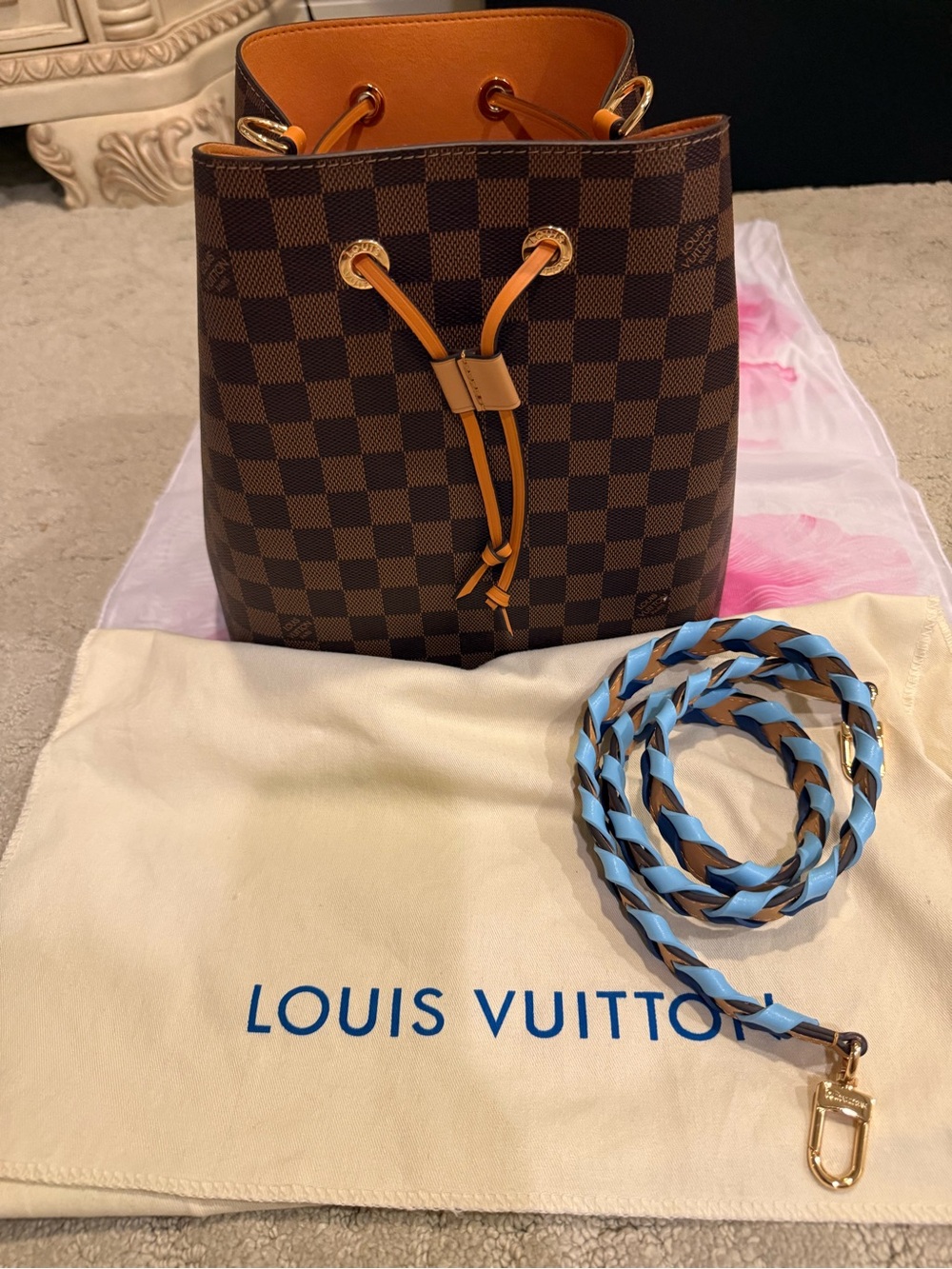 Brown Damier Canvas Bucket Bag with Tan Trim